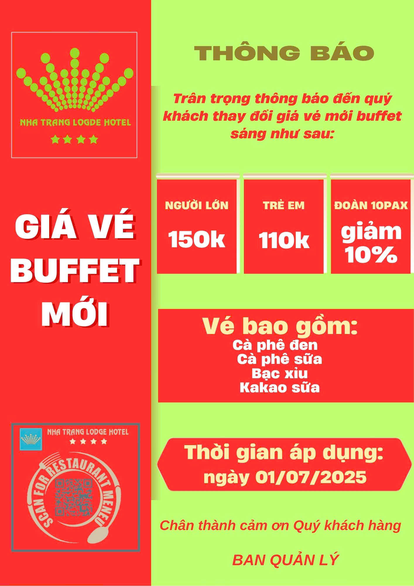 Thay đổi giá vé buffet tại Nhà hàng Lodge